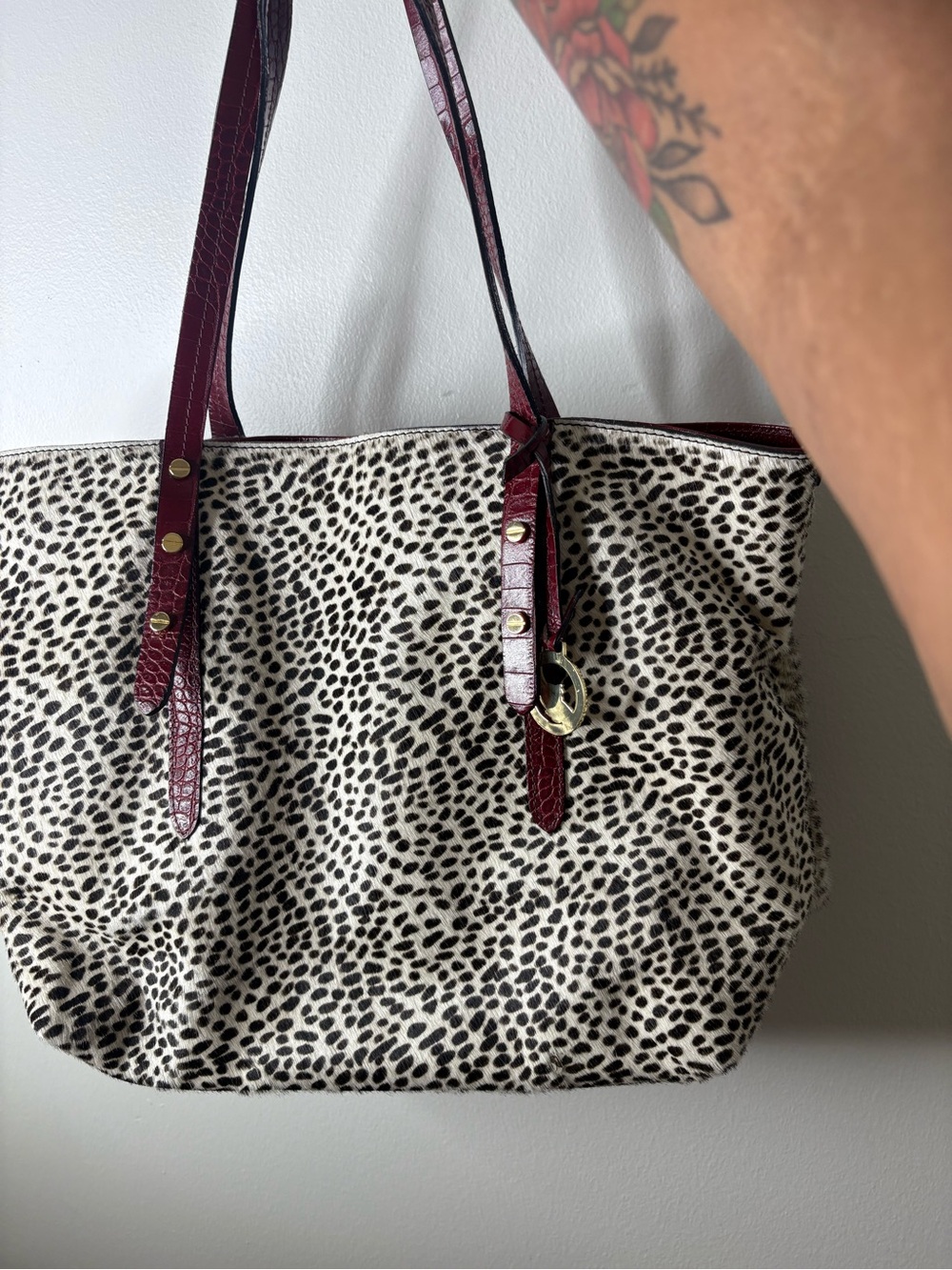 Leopard Print Tote with Burgundy Straps Made in Italy.